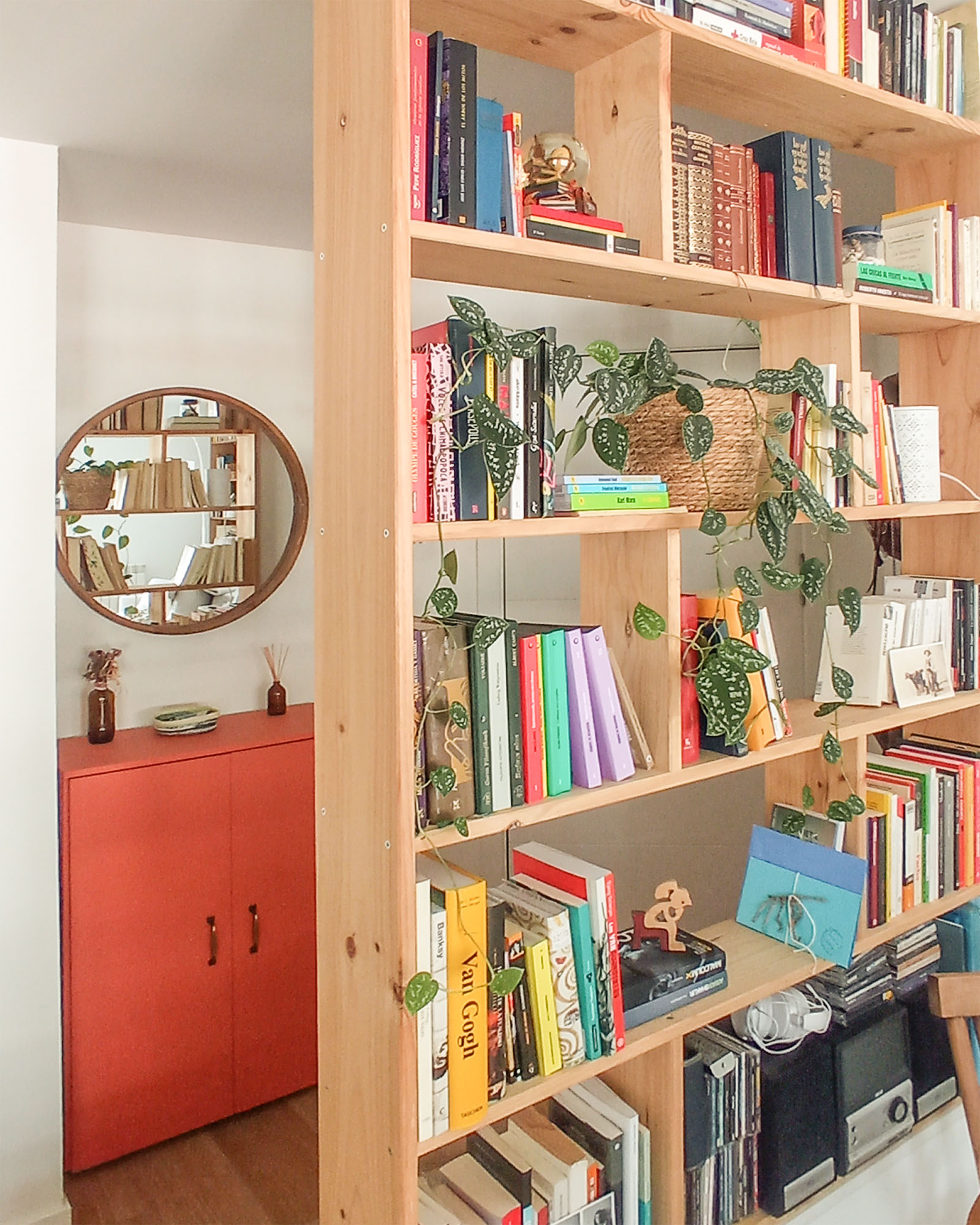 Reforma de vivienda juvenil, luminosa y colorida con estanterias de madera y color en la entrada